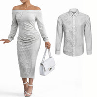 Tokelau White Sunday Couples Matching Off The Shoulder Long Sleeve Dress and Long Sleeve Button Shirt Elegant Hibiscus Polynesian Tribal Pattern