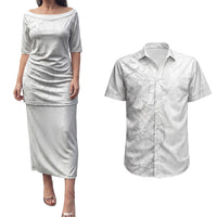 Tokelau White Sunday Couples Matching Puletasi and Hawaiian Shirt Elegant Hibiscus Polynesian Tribal Pattern