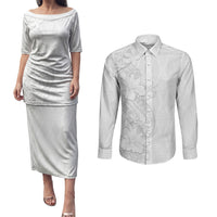 Tokelau White Sunday Couples Matching Puletasi and Long Sleeve Button Shirt Elegant Hibiscus Polynesian Tribal Pattern