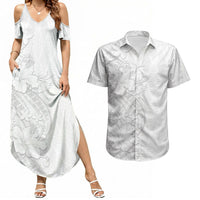 Tokelau White Sunday Couples Matching Summer Maxi Dress and Hawaiian Shirt Elegant Hibiscus Polynesian Tribal Pattern
