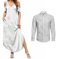 Tokelau White Sunday Couples Matching Summer Maxi Dress and Long Sleeve Button Shirt Elegant Hibiscus Polynesian Tribal Pattern