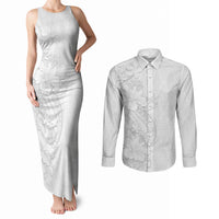 Tokelau White Sunday Couples Matching Tank Maxi Dress and Long Sleeve Button Shirt Elegant Hibiscus Polynesian Tribal Pattern