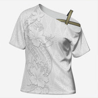 Tokelau White Sunday Cross Shoulder Shirt Elegant Hibiscus Polynesian Tribal Pattern