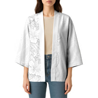 Tokelau White Sunday Kimono Elegant Hibiscus Polynesian Tribal Pattern