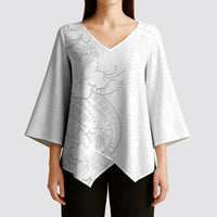 Tokelau White Sunday Kimono Sleeve Blouse Elegant Hibiscus Polynesian Tribal Pattern