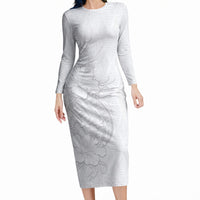 Tokelau White Sunday Long Sleeve Bodycon Dress Elegant Hibiscus Polynesian Tribal Pattern