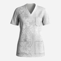 Tokelau White Sunday Scrub Top Elegant Hibiscus Polynesian Tribal Pattern