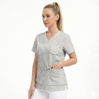 Tokelau White Sunday Scrub Top Elegant Hibiscus Polynesian Tribal Pattern