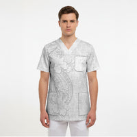 Tokelau White Sunday Scrub Top Elegant Hibiscus Polynesian Tribal Pattern