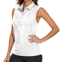 Tokelau White Sunday Women Sleeveless Polo Shirt Elegant Hibiscus Polynesian Tribal Pattern