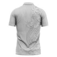 Tokelau White Sunday Zipper Polo Shirt Elegant Hibiscus Polynesian Tribal Pattern
