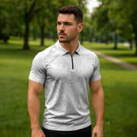 Tokelau White Sunday Zipper Polo Shirt Elegant Hibiscus Polynesian Tribal Pattern