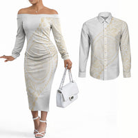 Tonga White Sunday Couples Matching Off The Shoulder Long Sleeve Dress and Long Sleeve Button Shirt Lotu Tamaiti Tongan Kupesi Pattern