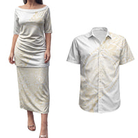 Tonga White Sunday Couples Matching Puletasi and Hawaiian Shirt Lotu Tamaiti Tongan Kupesi Pattern