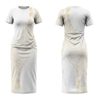 Tonga White Sunday Couples Matching Short Sleeve Bodycon Dress and Long Sleeve Button Shirt Lotu Tamaiti Tongan Kupesi Pattern