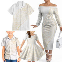 Tonga White Sunday Family Matching Off The Shoulder Long Sleeve Dress and Hawaiian Shirt Lotu Tamaiti Tongan Kupesi Pattern