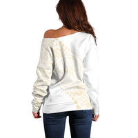 Tonga White Sunday Off Shoulder Sweater Lotu Tamaiti Tongan Kupesi Pattern