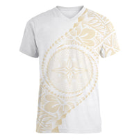Tonga White Sunday Women V-Neck T-Shirt Lotu Tamaiti Tongan Kupesi Pattern