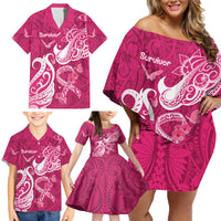 Breast Cancer Awareness Family Matching Off Shoulder Short Dress and Hawaiian Shirt Ribbon Polynesian Pattern Pink Version LT05 - Polynesian Pride