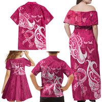 Personalized Breast Cancer Awareness Family Matching Off Shoulder Long Sleeve Dress and Hawaiian Shirt Ribbon Polynesian Pattern Pink Version LT05 - Polynesian Pride