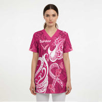 Personalized Breast Cancer Awareness Scrub Top Ribbon Polynesian Pattern Pink Version - Polynesian Pride