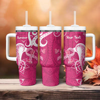 Personalized Breast Cancer Awareness Tumbler With Handle Ribbon Polynesian Pattern Pink Version