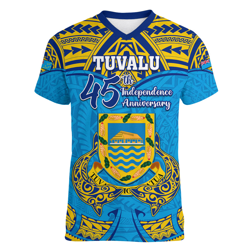 personalized-tuvalu-independence-day-women-v-neck-t-shirt-coat-of-arms-with-polynesian-dolphin-tattoo