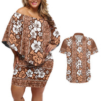 Hawaii Vintage Brown Hibiscus Tapa Pattern Couples Matching Off Shoulder Short Dress and Hawaiian Shirt
