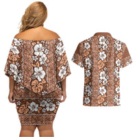Hawaii Vintage Brown Hibiscus Tapa Pattern Couples Matching Off Shoulder Short Dress and Hawaiian Shirt