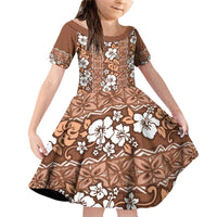 Hawaii Vintage Brown Hibiscus Tapa Pattern Family Matching Off Shoulder Short Dress and Hawaiian Shirt
