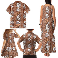 Hawaii Vintage Brown Hibiscus Tapa Pattern Family Matching Tank Maxi Dress and Hawaiian Shirt