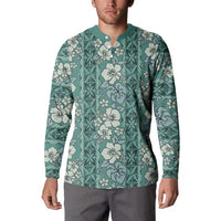 Hawaii Vintage Green Hibiscus Tapa Pattern Button Sweatshirt