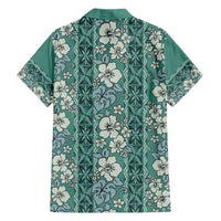 Hawaii Vintage Green Hibiscus Tapa Pattern Family Matching Off Shoulder Short Dress and Hawaiian Shirt