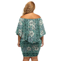 Hawaii Vintage Green Hibiscus Tapa Pattern Family Matching Off Shoulder Short Dress and Hawaiian Shirt