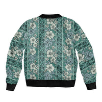 Hawaii Vintage Green Hibiscus Tapa Pattern Sleeve Zip Bomber Jacket