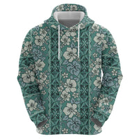Hawaii Vintage Green Hibiscus Tapa Pattern Zip Hoodie