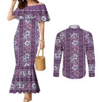 Hawaii Vintage Violet Hibiscus Tapa Pattern Couples Matching Mermaid Dress and Long Sleeve Button Shirt