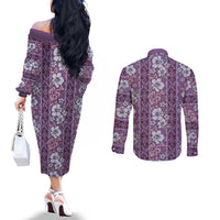 Hawaii Vintage Violet Hibiscus Tapa Pattern Couples Matching Off The Shoulder Long Sleeve Dress and Long Sleeve Button Shirt LT05 - Polynesian Pride