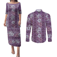 Hawaii Vintage Violet Hibiscus Tapa Pattern Couples Matching Puletasi and Long Sleeve Button Shirt