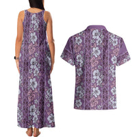 Hawaii Vintage Violet Hibiscus Tapa Pattern Couples Matching Tank Maxi Dress and Hawaiian Shirt