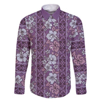 Hawaii Vintage Violet Hibiscus Tapa Pattern Family Matching Off The Shoulder Long Sleeve Dress and Hawaiian Shirt