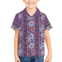 Hawaii Vintage Violet Hibiscus Tapa Pattern Family Matching Short Sleeve Bodycon Dress and Hawaiian Shirt