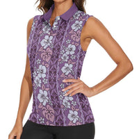 Hawaii Vintage Violet Hibiscus Tapa Pattern Women Sleeveless Polo Shirt