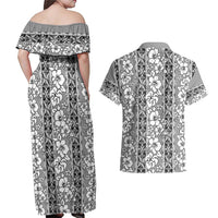 Hawaii Vintage Gray Hibiscus Tapa Pattern Couples Matching Off Shoulder Maxi Dress and Hawaiian Shirt
