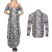 Hawaii Vintage Gray Hibiscus Tapa Pattern Couples Matching Summer Maxi Dress and Long Sleeve Button Shirt LT05 - Polynesian Pride