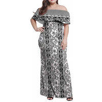 Hawaii Vintage Gray Hibiscus Tapa Pattern Family Matching Off Shoulder Maxi Dress and Hawaiian Shirt