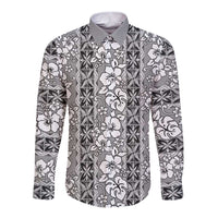 Hawaii Vintage Gray Hibiscus Tapa Pattern Long Sleeve Button Shirt