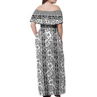 Hawaii Vintage Gray Hibiscus Tapa Pattern Off Shoulder Maxi Dress