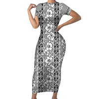 Hawaii Vintage Gray Hibiscus Tapa Pattern Short Sleeve Bodycon Dress LT05 Long Dress Gray - Polynesian Pride
