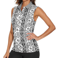Hawaii Vintage Gray Hibiscus Tapa Pattern Women Sleeveless Polo Shirt